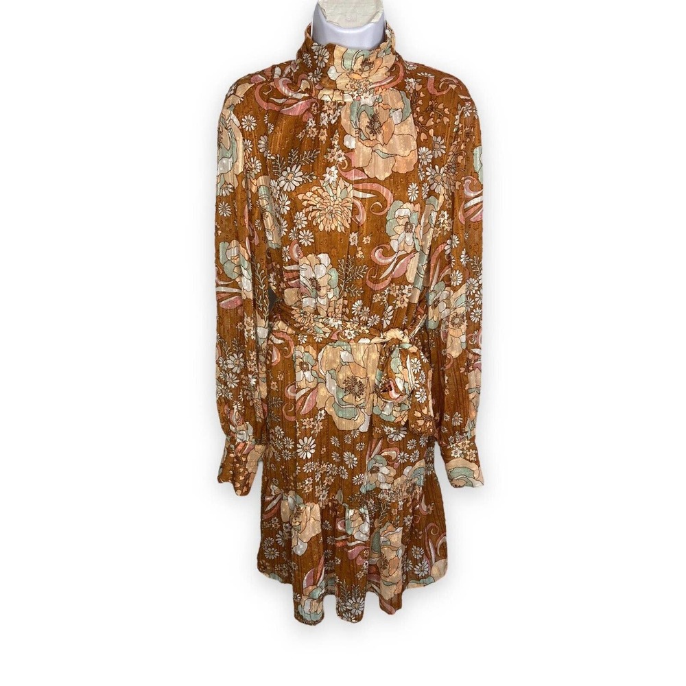 Ryegrass Large High Neck Long Sleeve Fit Flare Dress Mod Retro Rust Brown Floral - Picture 1 of 13